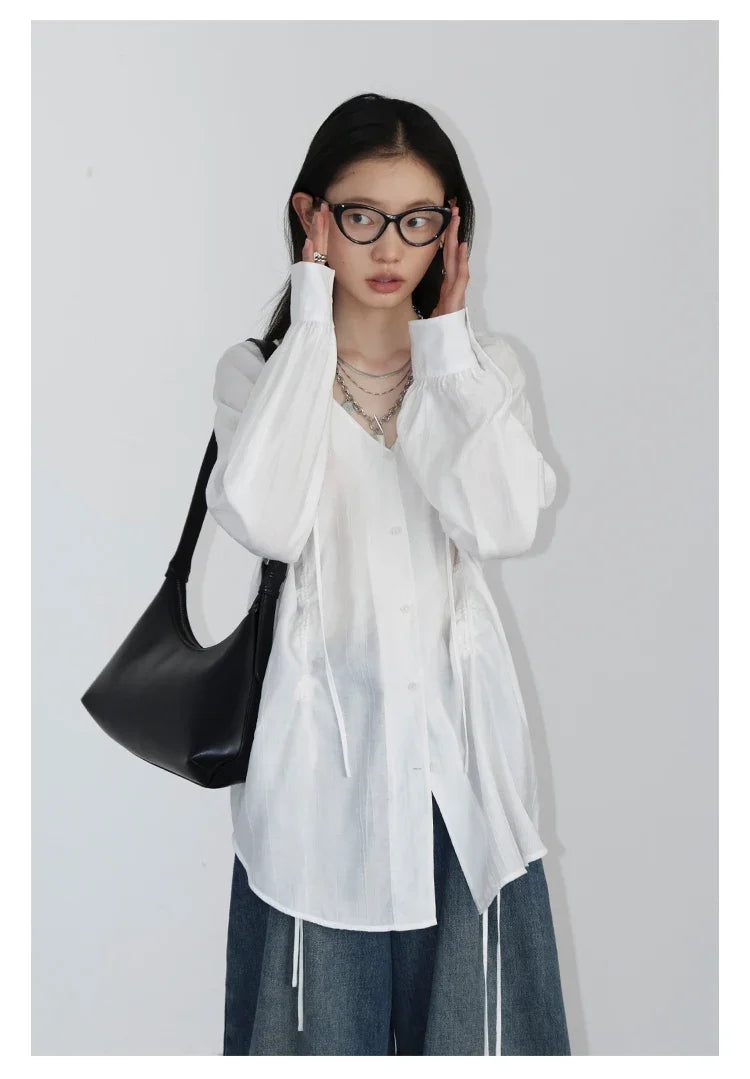 CHIC VEN Women Shirts Korean Loose Soild V-neck Long Sleeved Blouses Fashion Design Soft Lace Up Ladies Tops Summer New 2024