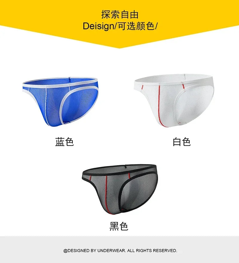 Ice Silk Men Underwear Sheer Mesh Sexy U Bulge Pouch Briefs Male Ultra-thin Breathable Underpants Mid Waist Hollow Panties Cueca