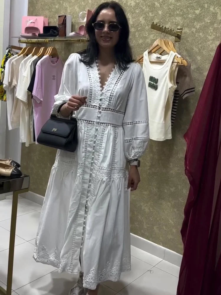Elegant Hallow Out Long Dress Women Lantern Sleeve Deep V-neck Single Breasted Loose Dresses 2025 Fashion Solid Office Robe Lady