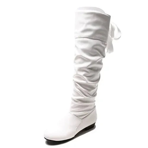 Shoes For Women 2022 Spring Knee High Boots Red Black White Tall Boots Woman Pleated Low Heel Casual Leather Female Long Shoes
