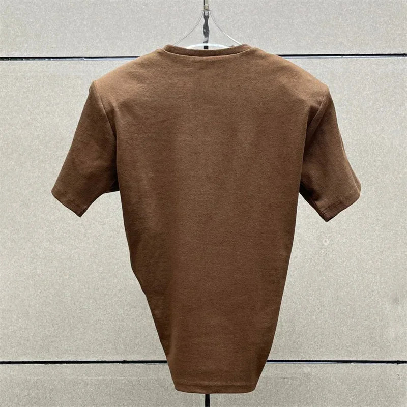 Women's t-shirt 2025 summer new shoulder padded slim fit short sleeved top pure cotton round neck pullover y2k Crop top corset