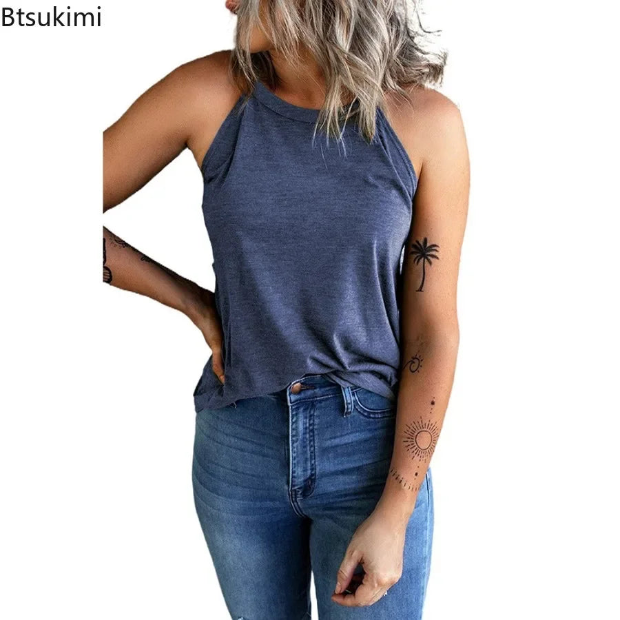 2026 Women's Summer Clothing Top Halter-neck Vest Shirts Women Wear Solid Color Slim-fit Sleeveless Round Neck Blouse For Women
