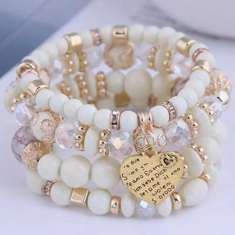 4pcs/set Boho Strand Bracelets For Women Crystal Beads Bracelets Heart Letter Elastic Bangles Wristband Yoga Jewelry Gifts K-