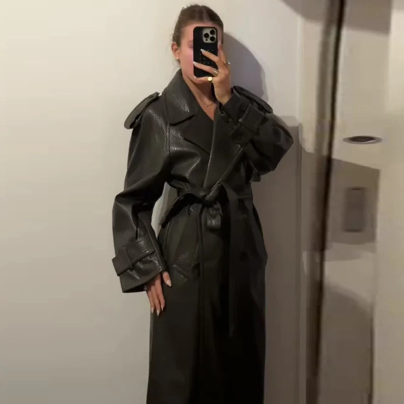 Street Pu Leather Women Long Coat Fashion Long Sleeve Button Belt Lapel Pocket Female Outwear 2025 Autumn Winter Lady Jacket New