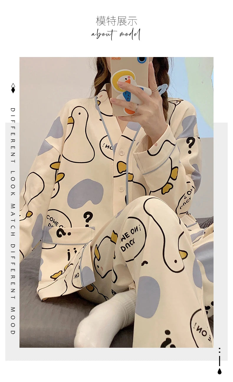 Elizabeth Duck Japanese Kimono Autumn Winter Women Pajamas Sets Faux Cotton Long Sleeves Homesuits Casual V-neck Lapel Sleepwear
