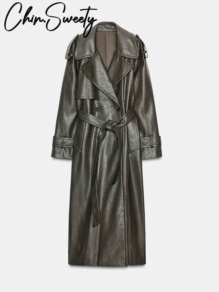 Street Pu Leather Women Long Coat Fashion Long Sleeve Button Belt Lapel Pocket Female Outwear 2025 Autumn Winter Lady Jacket New