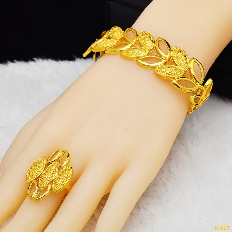 Italian Bridal Gold Plated Jewelry Set For Women African Indian 24K Gold Color Leaf Pendant Necklace Earring Set Dubai