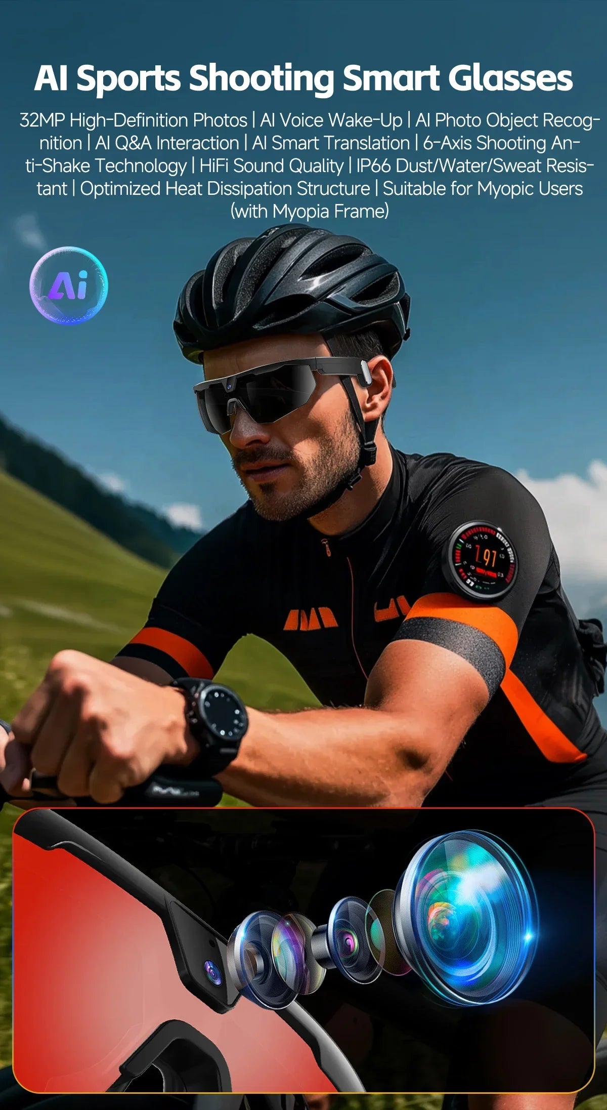 2026 AI Smart Glasses 800W HD Anti-shake Camera IP66 Waterproof AI Voice Wake-up AI Translation Four-in-one Cycling Glasses