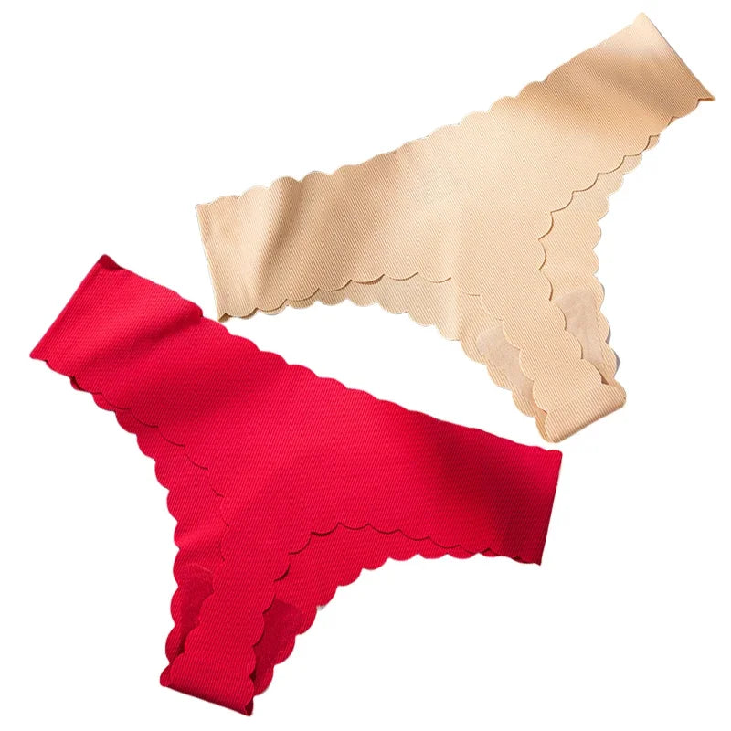 2PCS Seamless Thin-stripe Panties Ladies Low Rise T-back G-string Nude Half-covered Hip Lingerie Solid Cotton Ruffles Sexy Thong