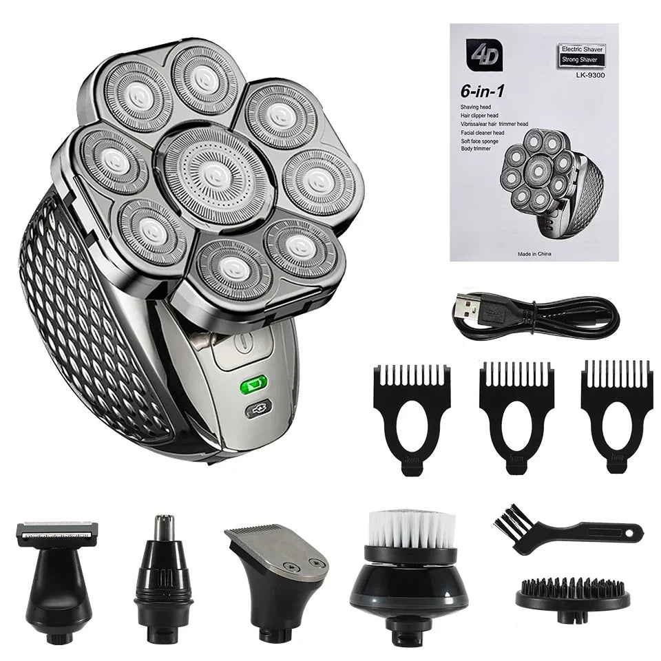 6 in 1 Professional men Waterproof electric shaver with 9 Cutter Floating Head, USB Rechargeable Multifunction Grooming Kit