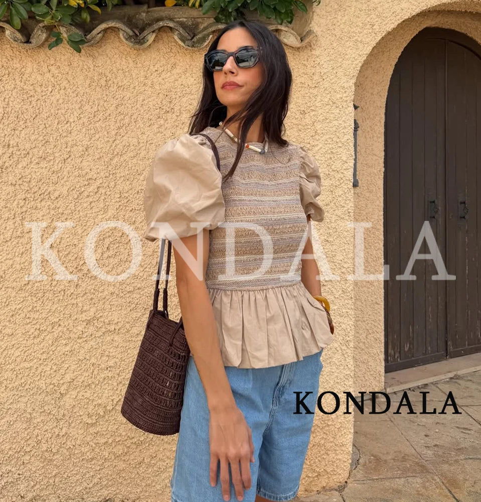 KONDALA Elegant Bubble Short Sleeve Shirt Women Summer Chic Casual Holiday Skirt Hem Shirts New 2026 Trendy Ladies Folded Shirts
