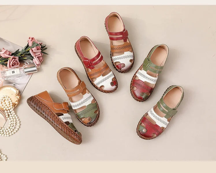 Newest gladiator summer sandals women's big size 43 woman real leather sandals ladies patchwork strap Non-slip flats