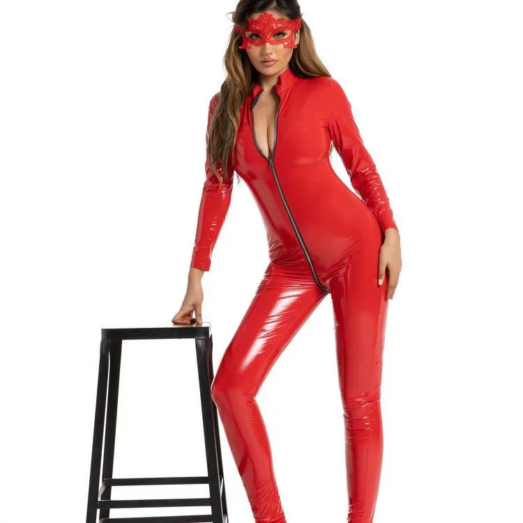 Fashion New Spring Women Sexy Corset PU Patent Leather Zipper Open Crotch Jacket Tight Pants Nightclub Cosplay Uniform Jumpsuit