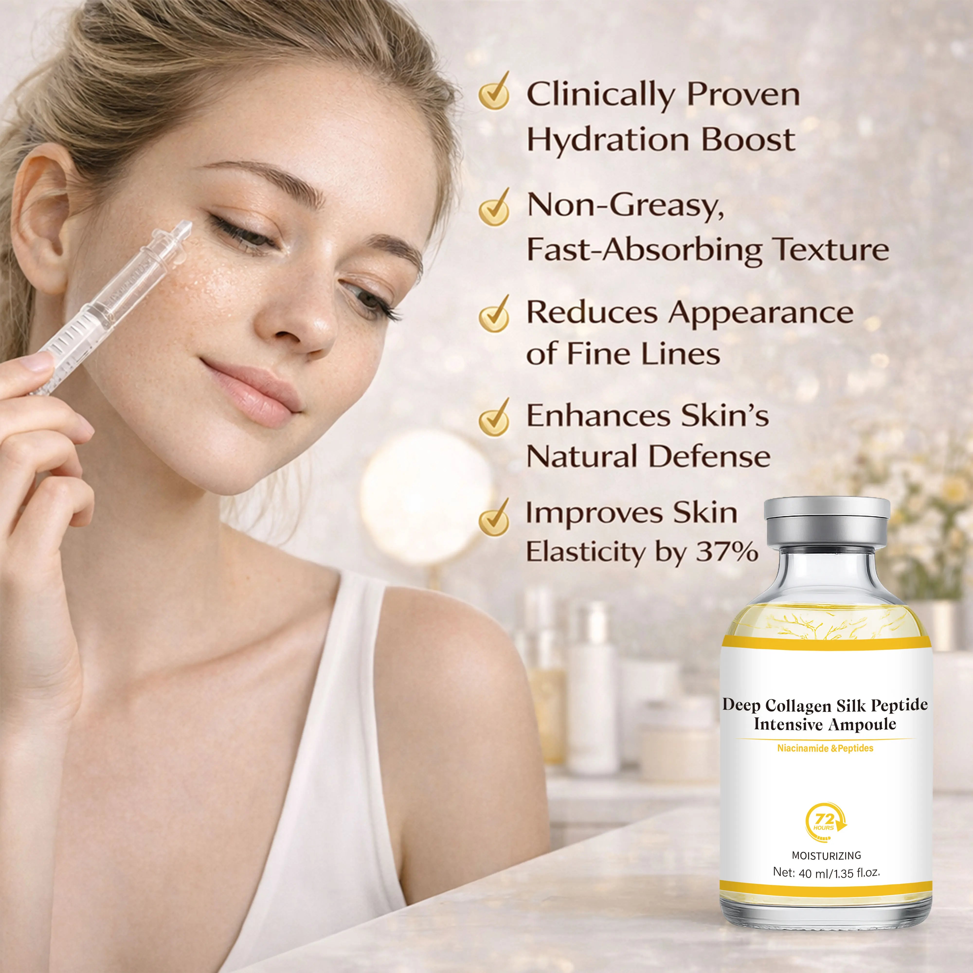 Deep Collagen Silk Peptide Intensive Ampoule Face-Lift Serum with Peptides & Deep Collagen Plumping, Smooth, Korean Skincare