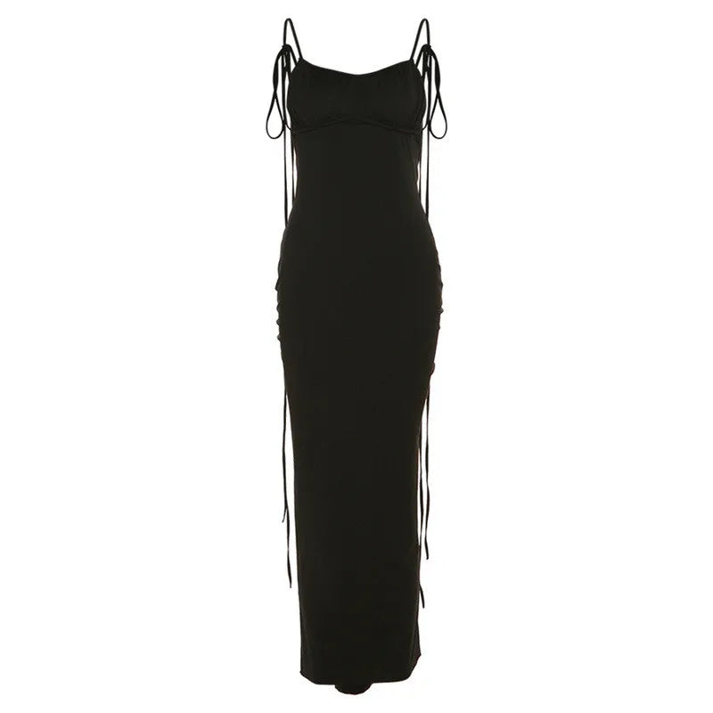 Y2k Elegant Deep Open Back Backless Slim Maxi Dress Women Spaghetti Strap Sleeveless Bodycon Long Dress Sexy Club Party Vestidos