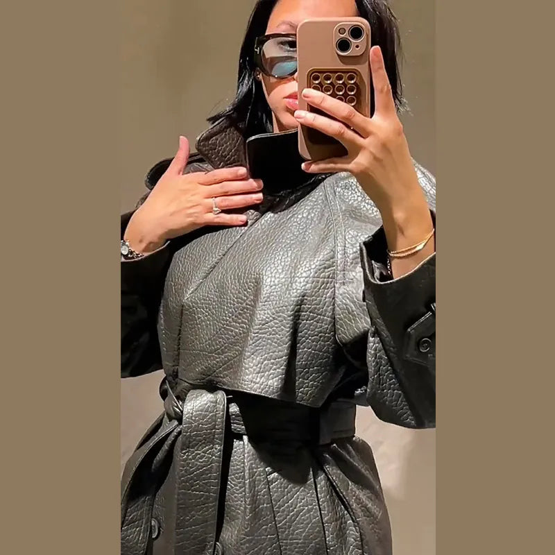 Street Pu Leather Women Long Coat Fashion Long Sleeve Button Belt Lapel Pocket Female Outwear 2025 Autumn Winter Lady Jacket New