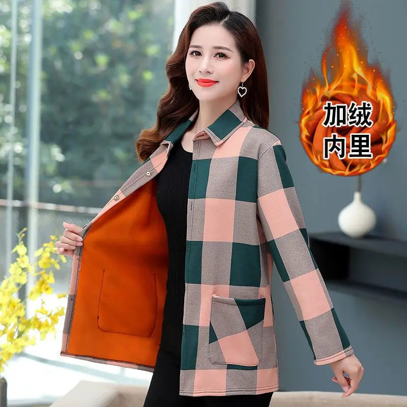 Women's Autumn Winter Long Sleeve Plaid Plus Velvet Shirt Fashion Thick Versatile Elegant Tops Patchwork Pockets Female Clothes