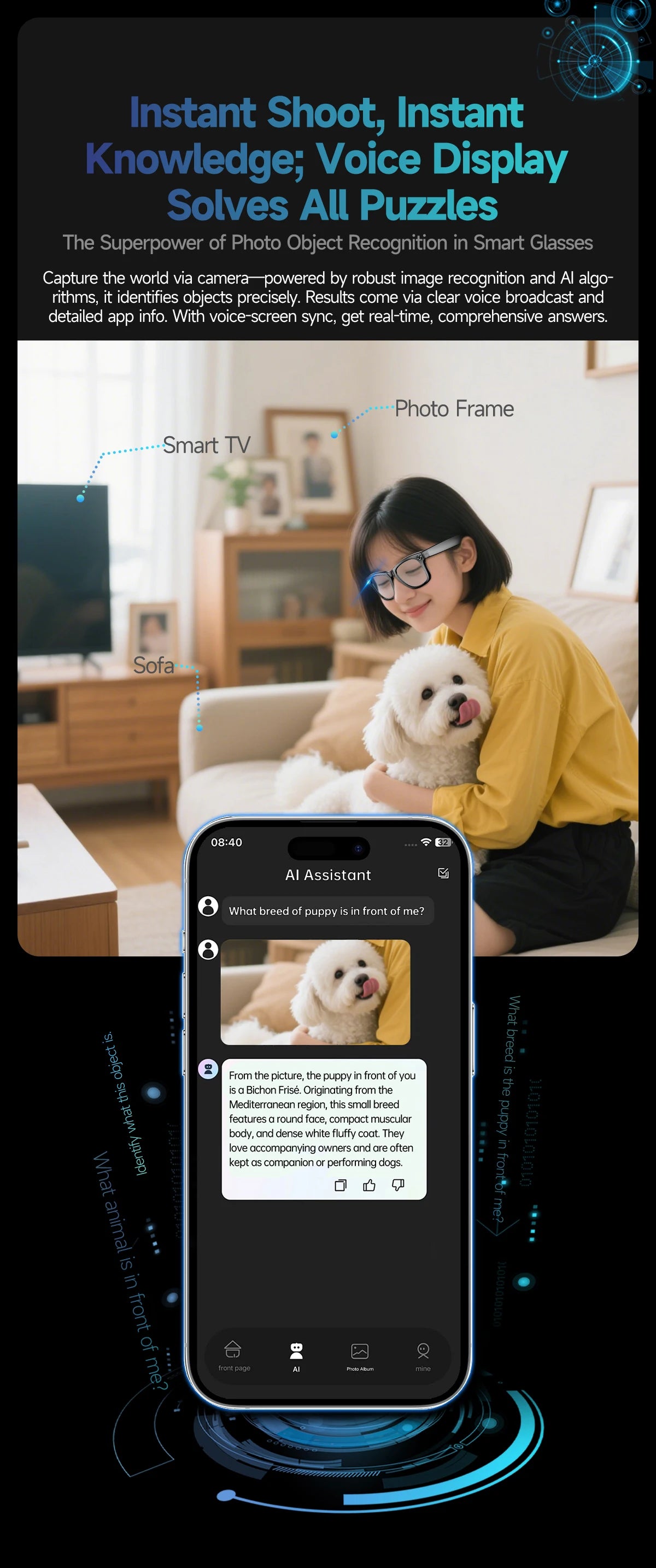 AI Smart Glasses with Camera 4K HD Video and PhotoCapture Real-TimeTranslation Voice Recording Open-Ear Audio Object Recognition