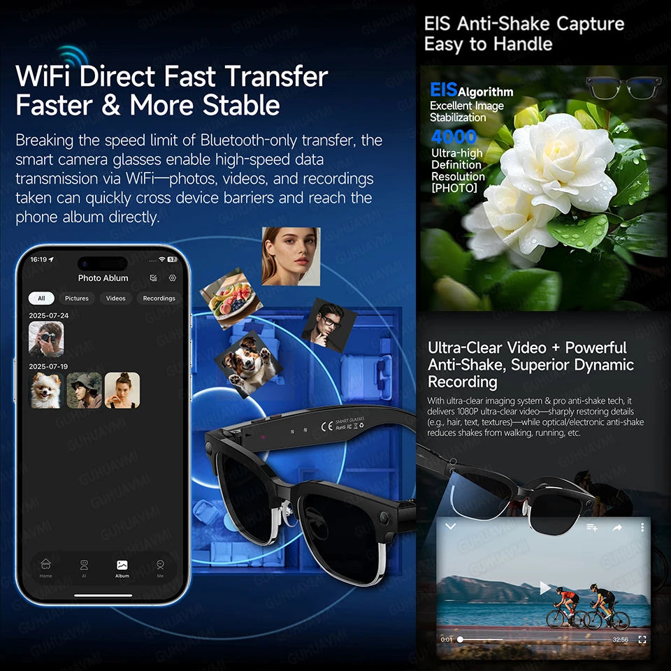 New HOT Business Smart Glasses Men 800W 4K HD Camera 1080P Shooting Action Capture AI Chat Call Waterproof Windproof Sunglasses