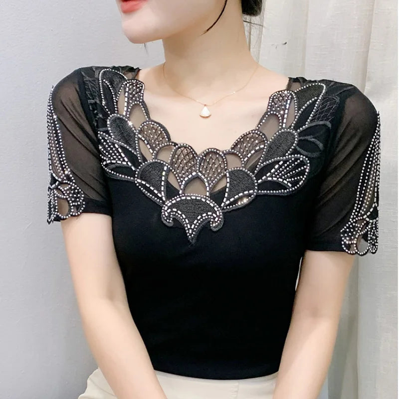 Fashion O-Collar Rhinestone Lace Patchwork Female Top Chic High Elasticity Soft Mesh Short Sleeve Temperament Women's T-Shirt