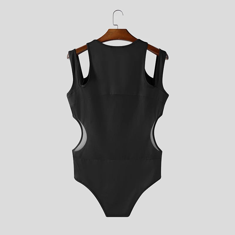 INCERUN Men Bodysuits Mesh Patchwork See Through O-neck Sleeveless Hollow Out Male Rompers Streetwear Sexy 2026 Fashion Playsuit