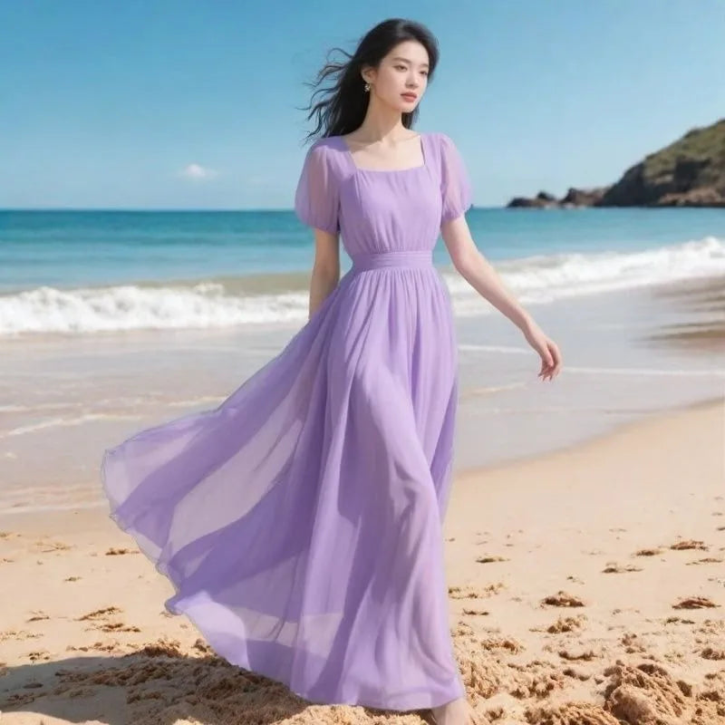 2026 Women Summer Dress New Fashion Bohemian French Chiffon Beach Dresses Ladies Solid Color Long Dress Female Vestidos Clothing