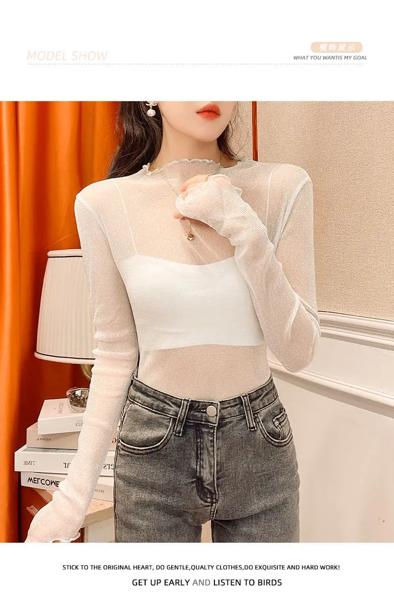 Sexy Women T Shirt See Through Transparent Mesh Tops Long Sleeve Sheer Slim Female Turtleneck Bright Silk T-Shirt Lace Crop Top