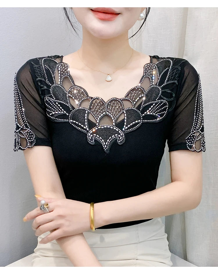 Fashion O-Collar Rhinestone Lace Patchwork Female Top Chic High Elasticity Soft Mesh Short Sleeve Temperament Women's T-Shirt