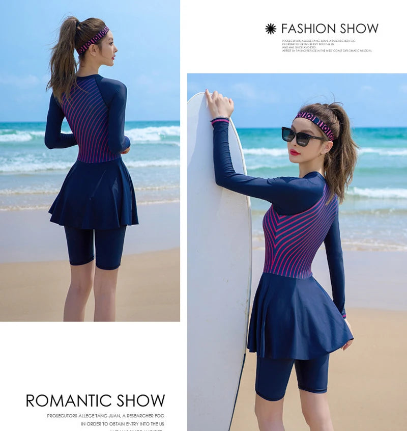 Long Sleeve Swimwear Women One Piece Swimsuit With Skirt Plus Size Swimming Suit Zipper Beachwear Rashguard Surfing