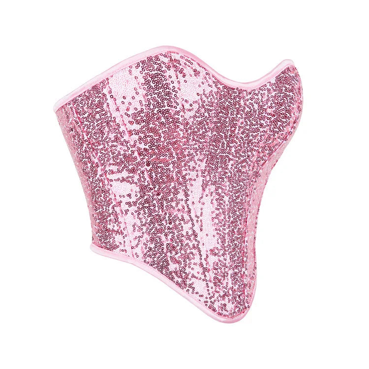 Pink Women Corset Top Sequins Sexy Push Up Bustier Crop Top Party Short Camis
