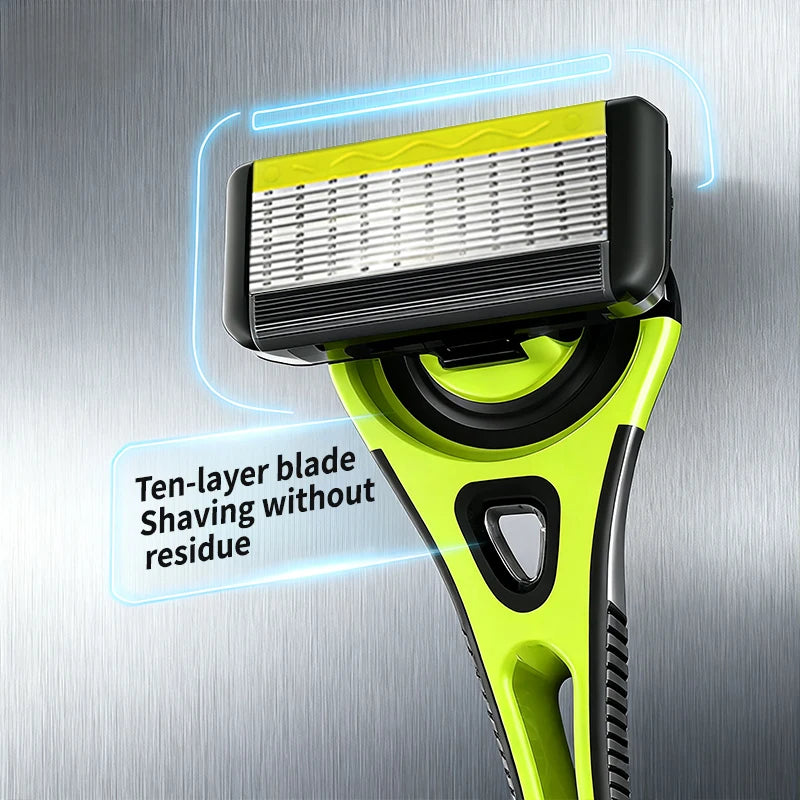 10 Layer Shaver Razor (1 Razor Holder + 4 Blades Head)Cassette Shaving Razor Set Green Body Face Hair Removal Knife for Gift Men