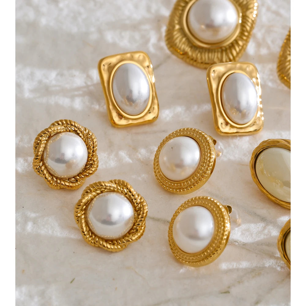Yhpup Trending Stainless Steel Imitation Pearls Round Square Stud Earrings Korean Daily Versatile Vintage Chic Fashion Jewelry