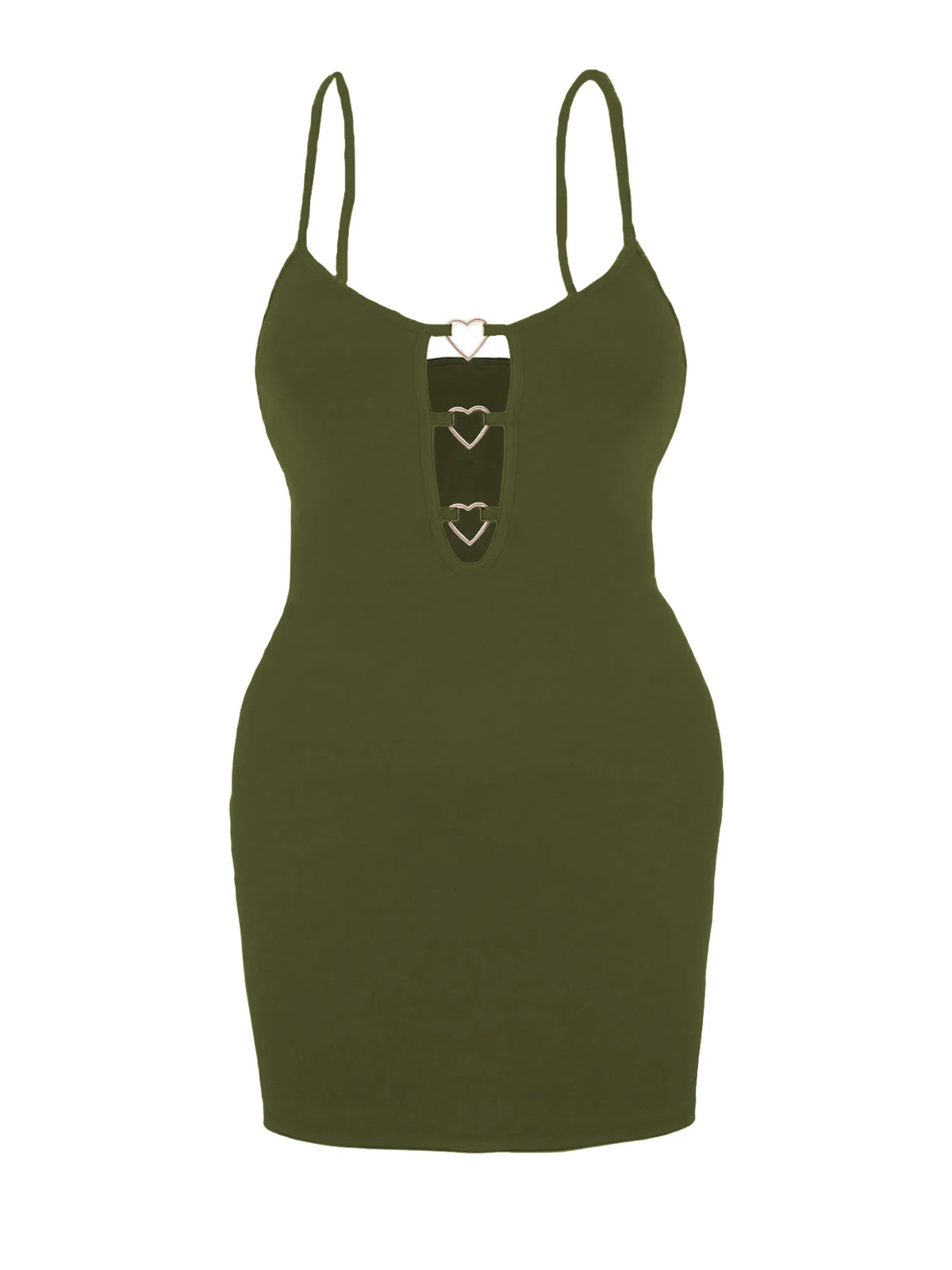 Plus Size Heart Metal Buckle Cutout Bodycon Mini Dress Spaghetti Strap Deep Hollow Front Slim Fitted Ribbed Short Dress Sexy Clu