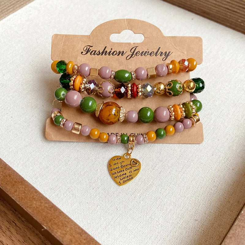 4pcs/set Boho Strand Bracelets For Women Crystal Beads Bracelets Heart Letter Elastic Bangles Wristband Yoga Jewelry Gifts K-