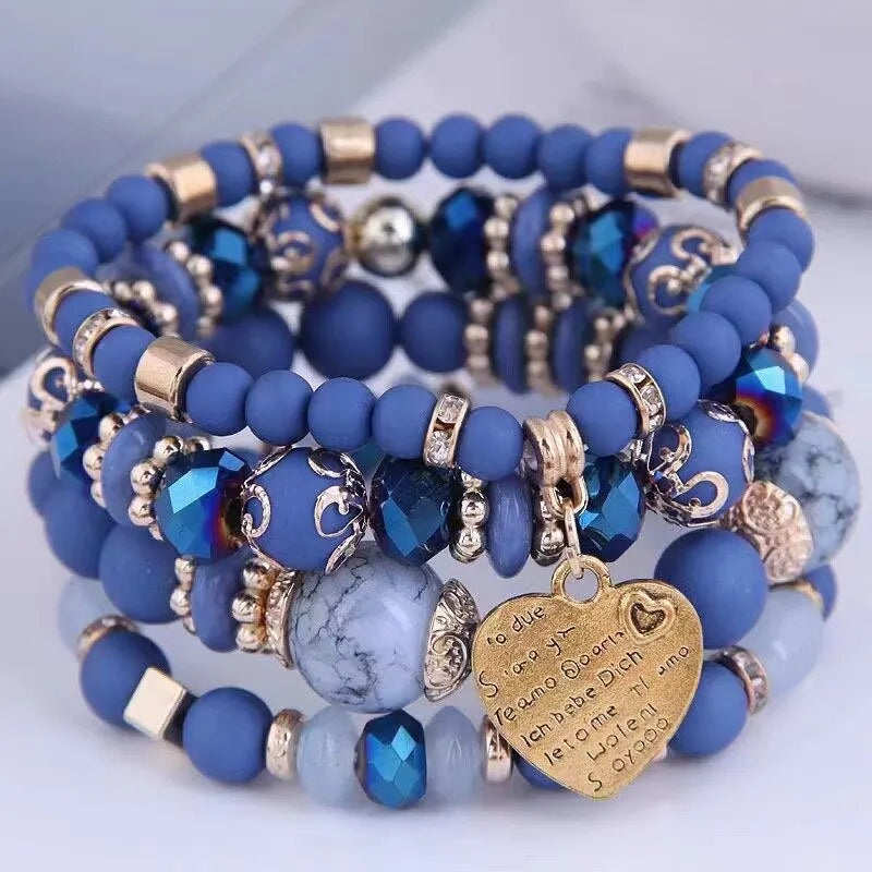 4pcs/set Boho Strand Bracelets For Women Crystal Beads Bracelets Heart Letter Elastic Bangles Wristband Yoga Jewelry Gifts K-