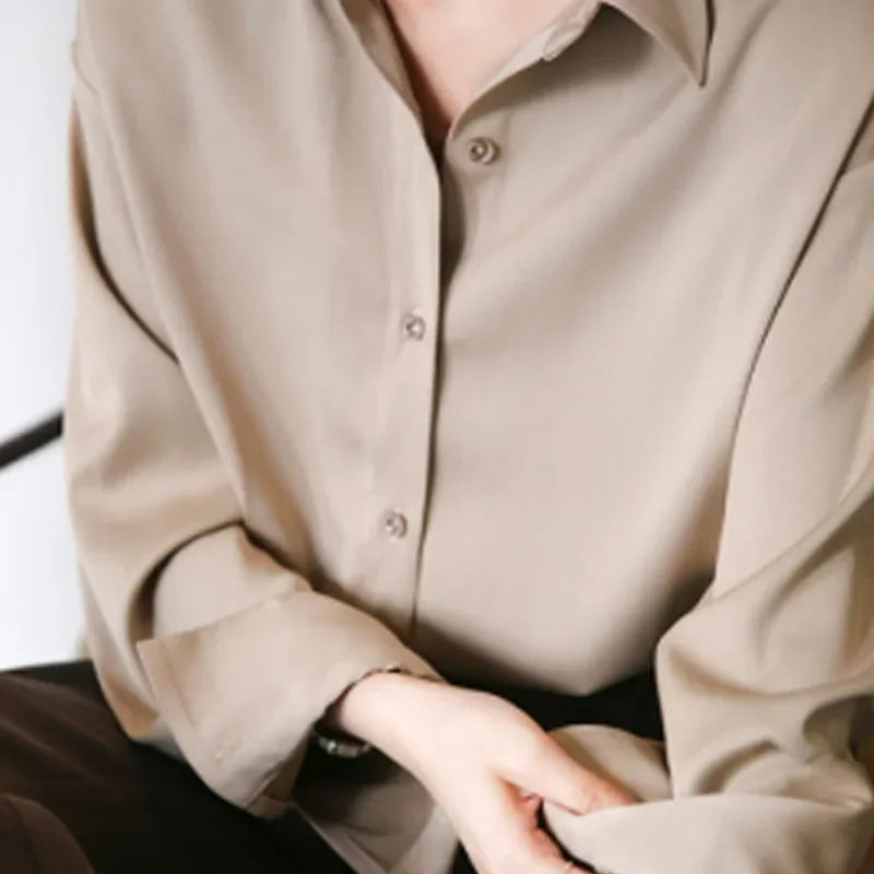 Women’s Turn-Down Collar Satin Blouse Top