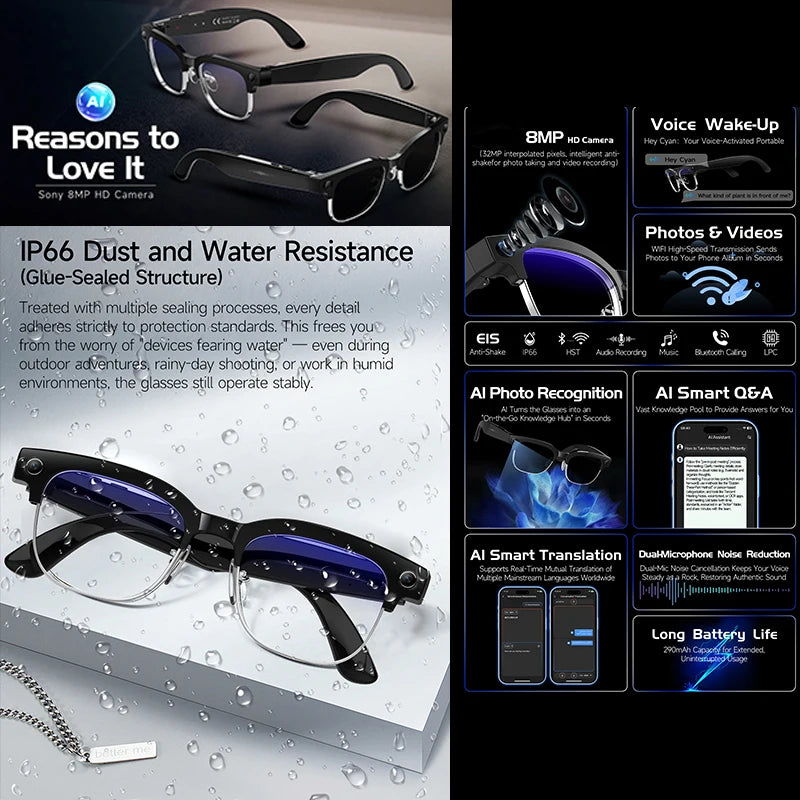 2026 New AI Smart Glasses 8MP HD Camera AI Object Recognition AI Translation 4K ULTRA HD IP66 Waterproof BT Call Smart Glasses