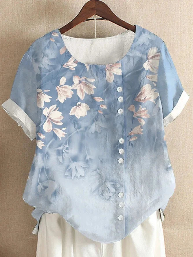 2025 Summer retro fashion printed loose casual shirt top, suitable for casual or vacation ladies' beachwear