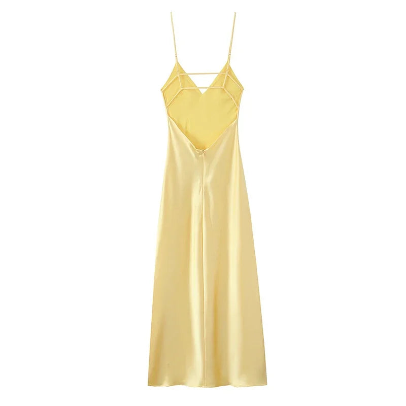Summer Satin Deep V Neck Maxi Dresses Sleeveless Backless Lace Up Slim Fit Long Robes 2025 Lady New Holiday Fashion Clothing