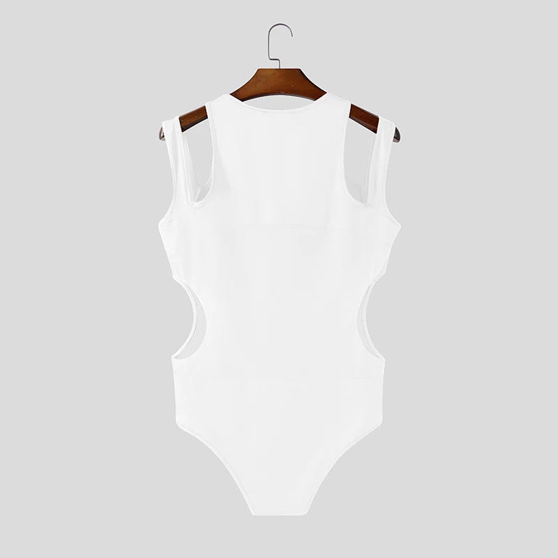 INCERUN Men Bodysuits Mesh Patchwork See Through O-neck Sleeveless Hollow Out Male Rompers Streetwear Sexy 2026 Fashion Playsuit