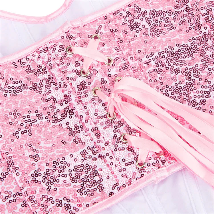 Pink Women Corset Top Sequins Sexy Push Up Bustier Crop Top Party Short Camis