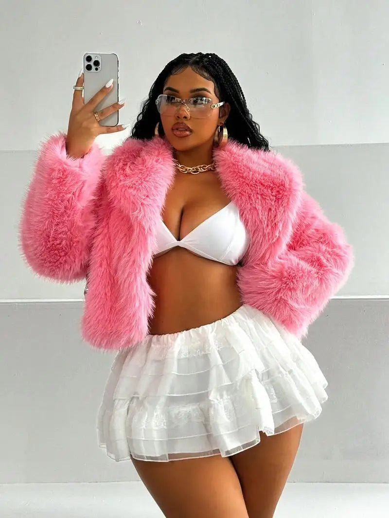 Faux Fox Fur Coats Women Short Jackets Solid Turn Down Collar Long Sleeve Open Stitch Loose Thick Office Lady Casual 2025 Winter