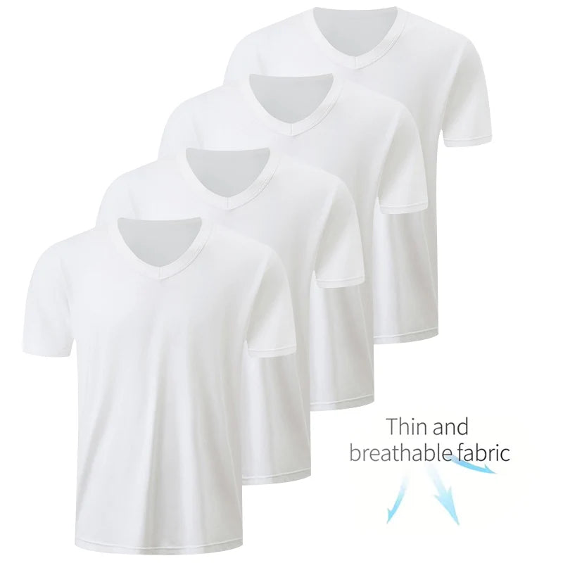 1/2/3 Pcs Men's Solid Color Casual Small White T Youth Loose Joker Classic V-neck Comfortable Short Sleeve Simple Fashion T-shir