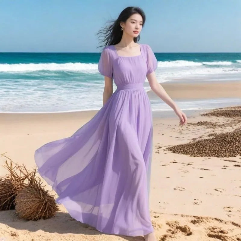 2026 Women Summer Dress New Fashion Bohemian French Chiffon Beach Dresses Ladies Solid Color Long Dress Female Vestidos Clothing