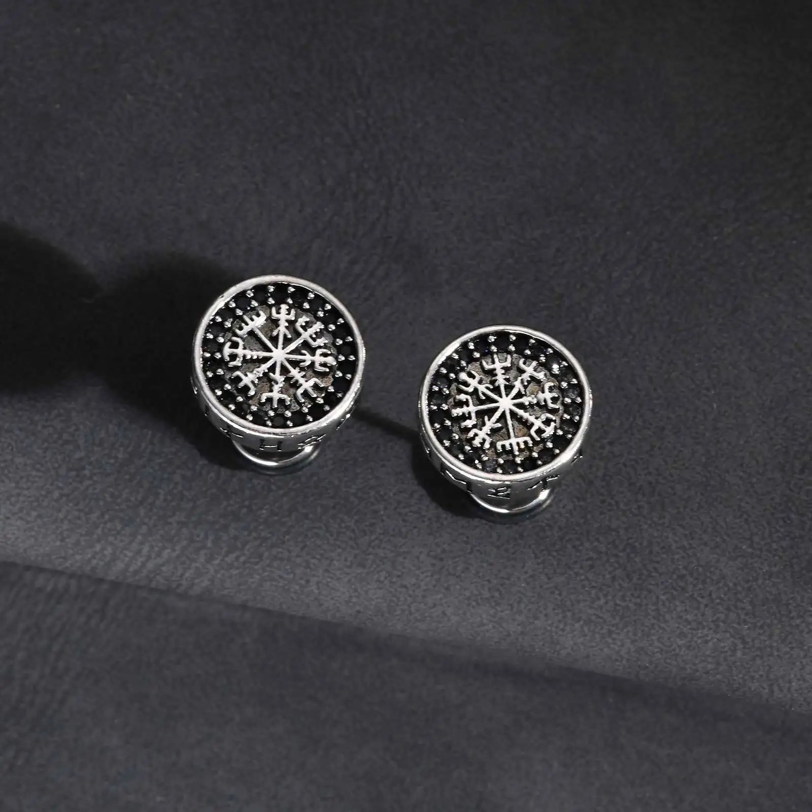 Vintage Viking Stud Earrings for Men Boys,Round Stainless Steel Compass Zircon Earring,Simple Jewelry Gift for Him