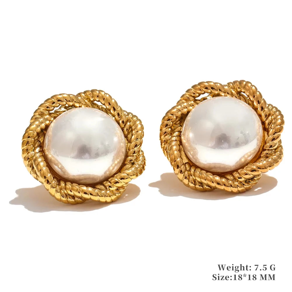Yhpup Trending Stainless Steel Imitation Pearls Round Square Stud Earrings Korean Daily Versatile Vintage Chic Fashion Jewelry