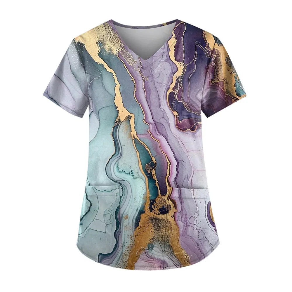 Gradient Printing Nurses Uniforms Women Fashion Short Sleeve V Neck Working Blouse Tops With Pockets Women's Medical Uniform