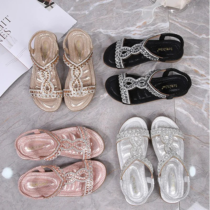 Summer Women Sandals Fashion Rhinestone Bohemian Sandal Slope Heel Hollow Solid Soft Flat Bottom Open Toe Sandals