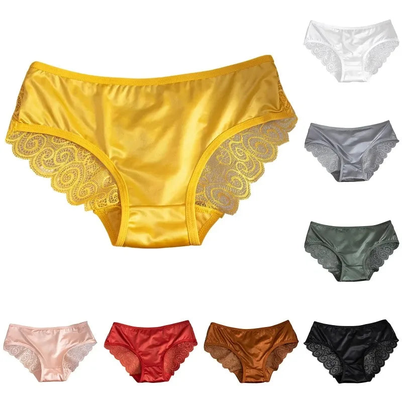 Women's Panties Silk Satin Underwear Lace Sexy Lingerie Breathable Mid Waist Female Briefs Comfortable Panty Underpants