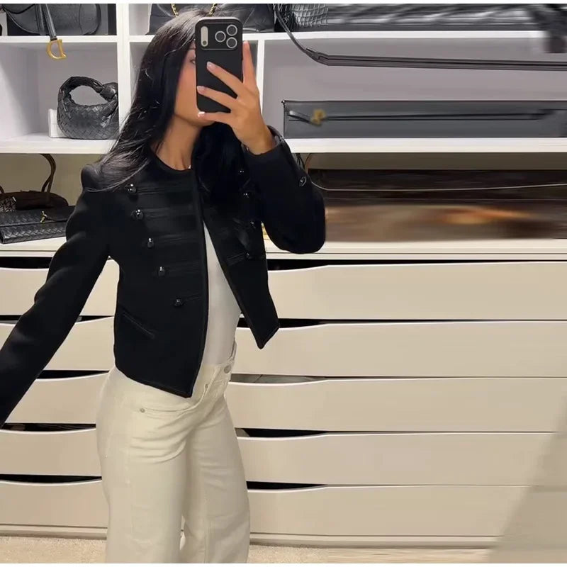 Elegant O-neck Long Sleeve Double Breasted Coats Fashion Black Cropped Jacket For Women 2026 Spring Chic Lady Outerwear Street
